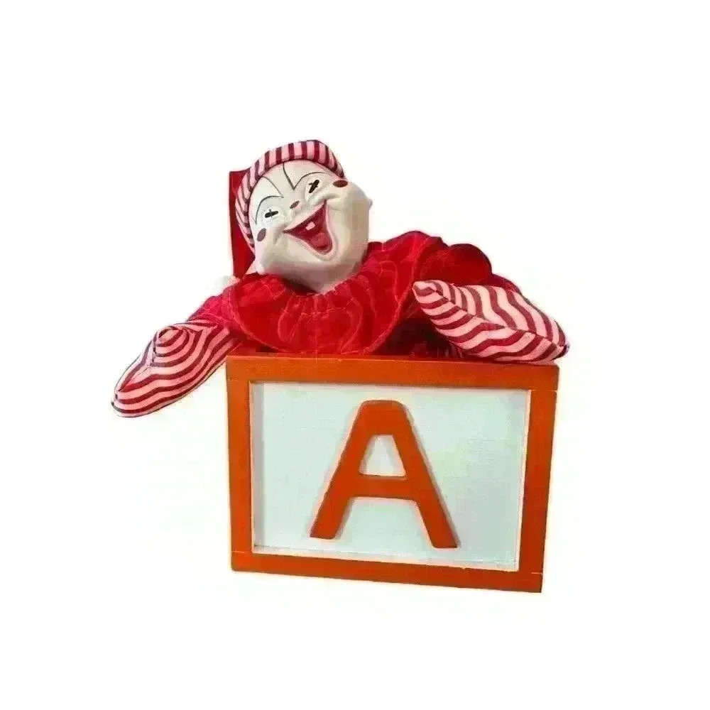 Vintage ABCD Ceramic Clown in Wooden Musical Box